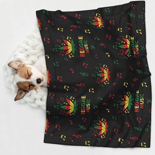 Reversible Pet Blanket for Sofa Protection Pet Comfort, Rasta Reggae Music Note Weedleaf Leaf, Double Sided Design with Cozy Nubby Nap Side and Durable Smooth Play Side