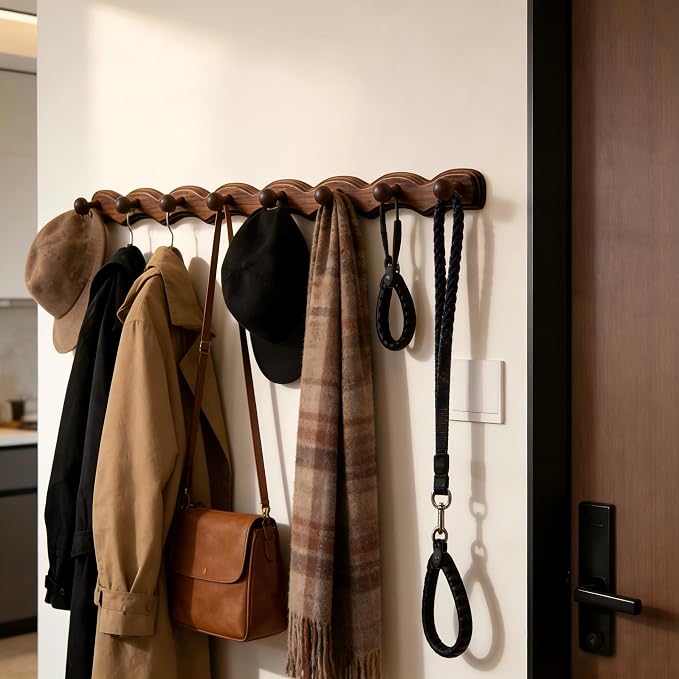Wood Coat Rack Wall Mount -8 Pack Walnut Coat Hooks