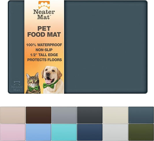Neater Pet Brands Neater Mat Pet Mats for Food and Water, Cat & Dog Bowl Mat Waterproof Silicone, Feeding Tray, Dog Food Mats for Floors, Placemat w/Raised Edge for Under Bowls, 16” x 10”, Slate Blue