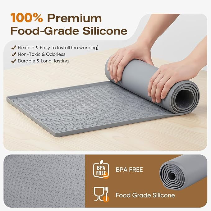 TRZZ Silicone Waterproof Under Sink Mat 34" x 19", Drip Tray and Cabinet Liner for Kitchen and Bathroom, Prevents Water Damage and Organizes Cabinets (Beige)
