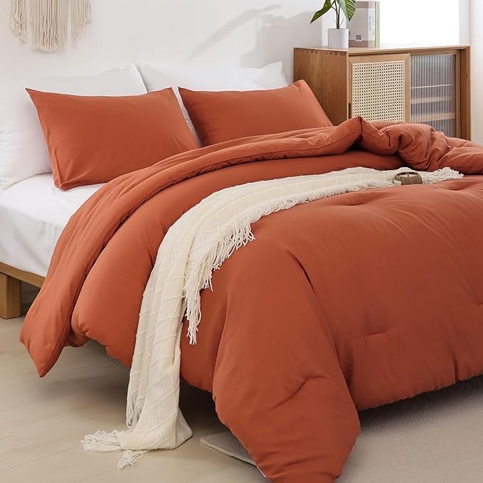 ROSGONIA Full Size Comforter Sets for Girls Boys Teens Burnt Orange,3pcs(1 Boho Comforter & 2 Pillowcases) Terracotta Dorm Bedding Kids Comforter Sets