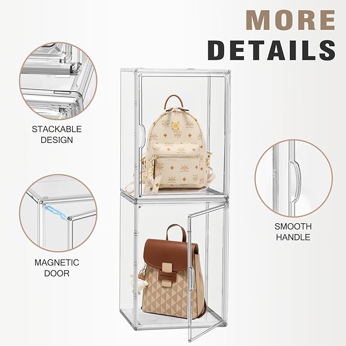 XX-Large Clear Handbag Storage Organizer for Closet Acrylic Display Case Clear Purse Organizer 15 x 12 Inch Plastic Storage Box for Boots, Big Tote Bag, Collectibles, Cosmetic, 2 Pack