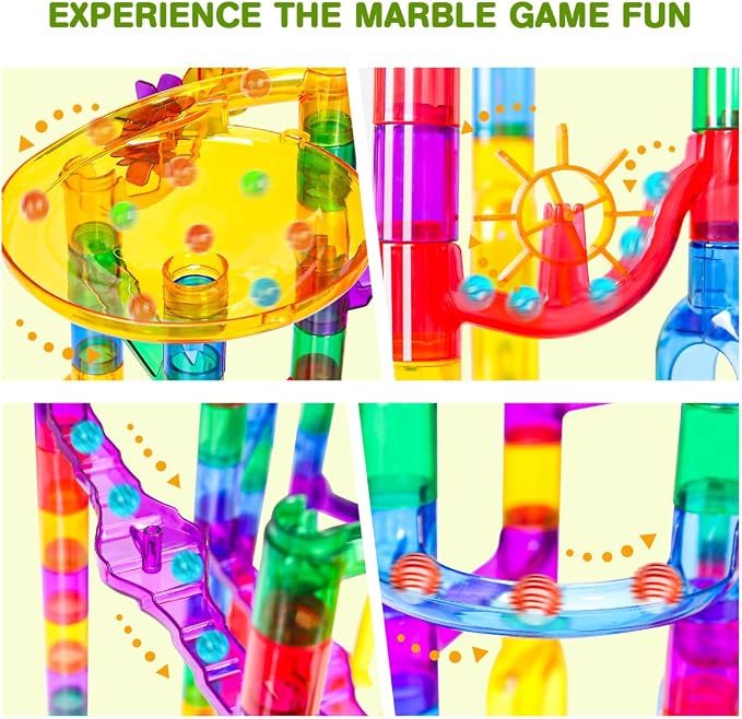 Meland Marble Run - 132Pcs Marble Maze Game Building Toy for Kid, Marble Track Race Set & STEM Learning Toys for Boy Girl Age 3 4 5 6 7 8 9+ (102 Translucent Marbulous Pcs & 30 Glass Marbles)