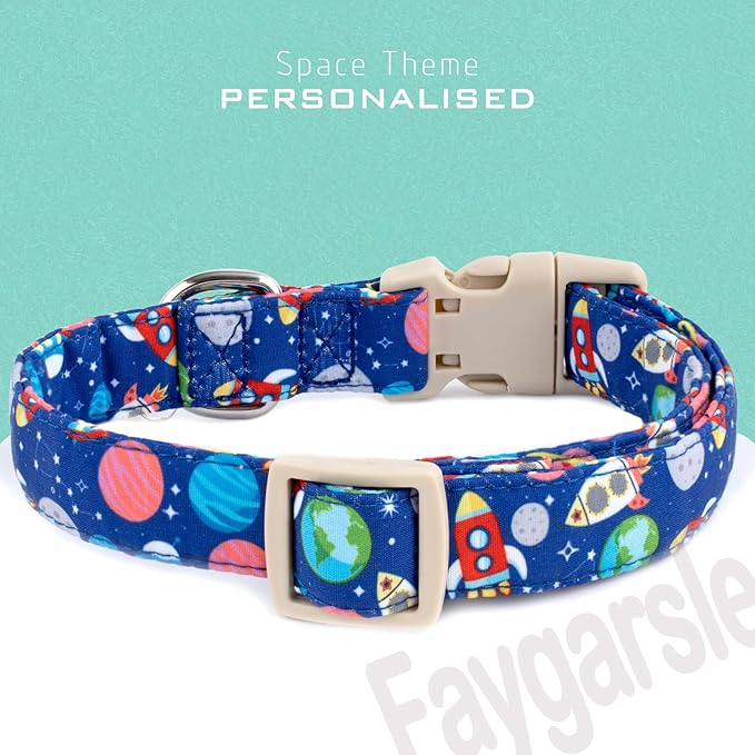 Faygarsle Space Theme Dog Collar, Navy Blue with Rockets and Planets Pattern for Summer Small Medium Large Dogs XS