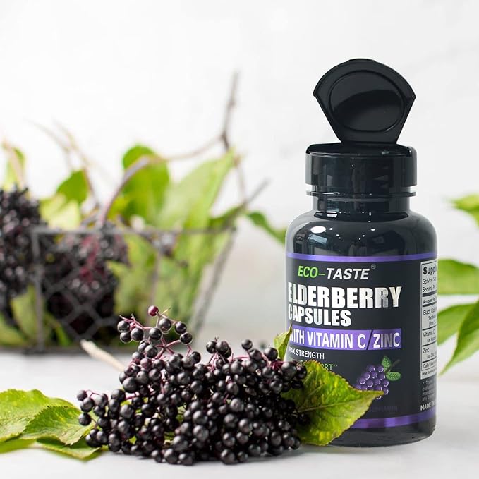 ECO-TASTE Elderberry Capsules with Zinc & Vitamin C - 120 Capsules, Sambucus Elderberries for Immune Support, Skin Health - Veggie Caps