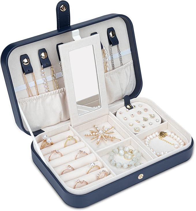 Travel Jewelry Case, Jewelry Box Small PU Leather Portable, Jewelry Travel Case for Rings Earrings Necklaces Bracelets Watch, Navy B