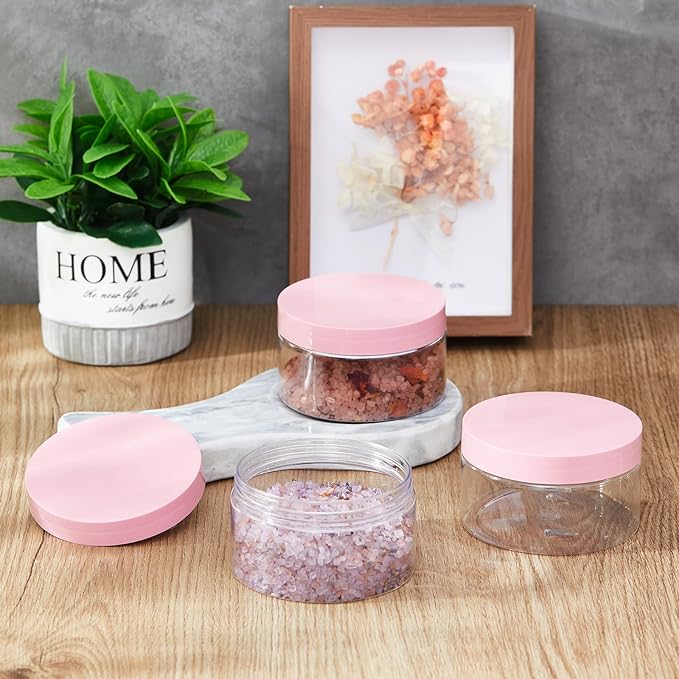 Dandat 24 Pcs 8 oz Plastic Jar Container with Lid and Label Refillable Empty Round Clear with Pink Pet Cosmetic Sample Slime Containers for Lotion, Cream, Ointments, Body Butter, Makeup Travel Storage