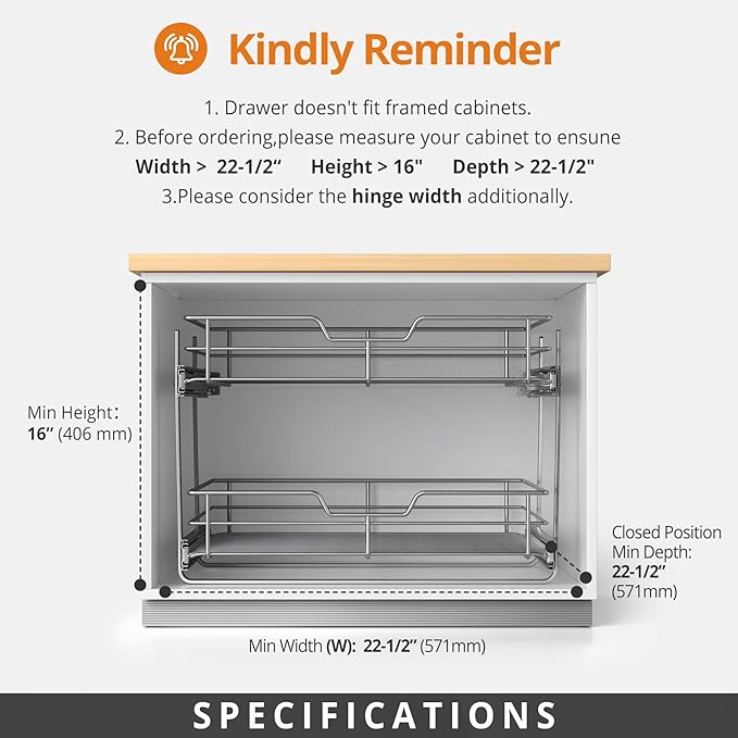 ZOINLIY Pull Out Cabinet Organizer, Versatile Slide Out Kitchen Organizers and Storage,Heavy Duty Drawer Cupboard Storage Basket, Smooth Sliding, Chrome Finish (2-Tiers-22¼''W×22“D)