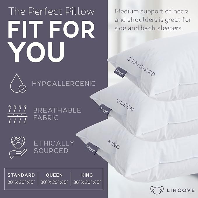 Lincove Recreation Sleeping Pillow, Filled with Premium Down, 600 Fill Power – Includes A Pillow Protector, 400 Thread Count Pillow Shell, Queen - Soft, 1 Pack
