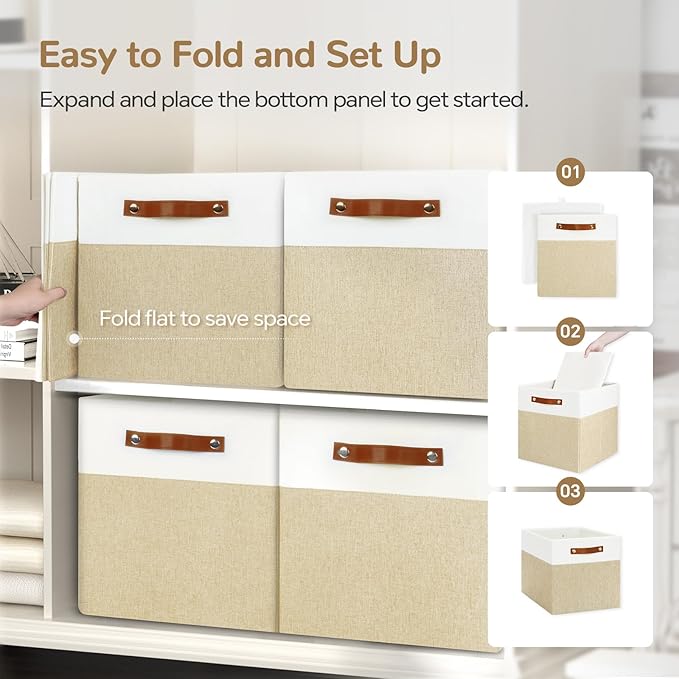 13x13 Storage Cubes 6-Pack, Large Foldable Fabric Cube Storage Bin with Reinforced Bottom and Labels, Organizer Baskets for Shelves, Closets(White/Khaki)