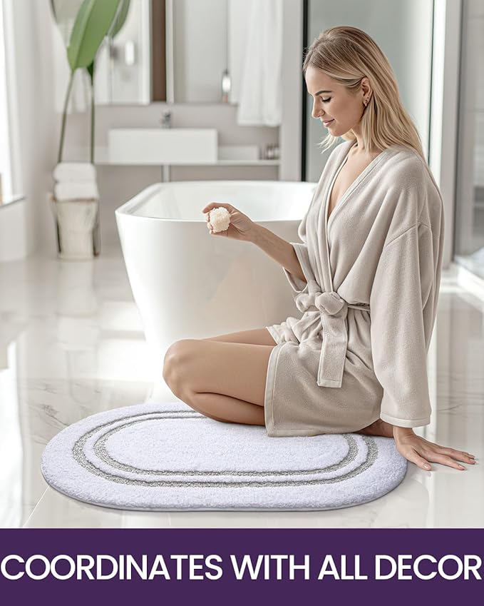 DEXI Oval Bath Mats for Bathroom, 24x36 Absorbent Bath Mat, Washable Microfiber Bathroom Rug with Non Slip Backing for Shower Floor, Light Grey