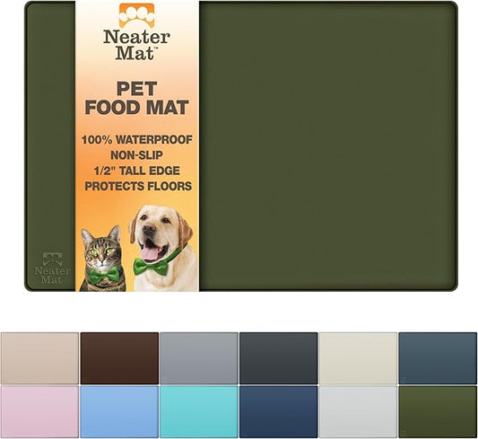 Neater Pet Brands Neater Mat Pet Mats for Food and Water, Cat & Dog Bowl Mat Waterproof Silicone, Feeding Tray, Dog Food Mats for Floors, Placemat w/Raised Edge for Under Bowls, 16” x 10”, Olive
