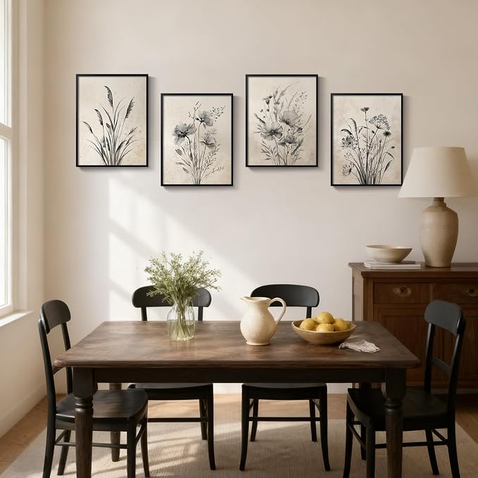 Framed Vintage Botanical Wall Art, 4 Piece Neutral Rustic Boho Floral Canvas