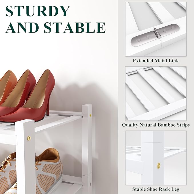 Smiry Long Bamboo Shoe Rack, 5 Tier Free Standing Wooden Shoe Organizer, Stackable Wood Shoe Storage Shelf for Closet, Entryway, 12 Vertical Slats, 2+2+1 Stack Standard Legs, 33.7"x11"x32.5", White