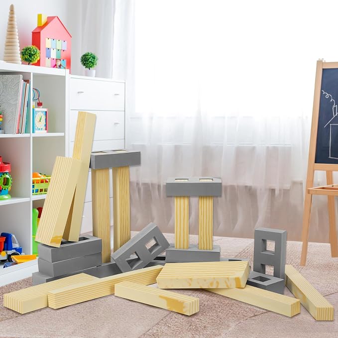 Leyndo 24 Pcs Foam Wooden Beam Soft Foam Brick Building Blocks Unit Fake Brick Building Blocks Giant Stacking Sets for Kids Toddler Construction(Assorted Sizes,Gray Color)