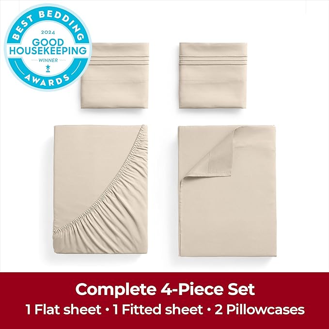 Mellanni Extra Deep Full Sheets - 4 PC Iconic Collection Bedding - Hotel Luxury, Ultra Soft, Cooling Bed Sheets - Wrinkle, Fade, Stain Resistant (Full, Beige)