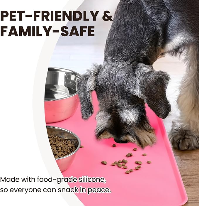 VIVAGLORY Dog Food Mat Flexmat Dog Bowl Mat, Placemat Food Tray with Raised Edges & Lip for Indoor Floor, Non Slip Waterproof Silicone Dish Placemat for Cat & Pet, S, Pink