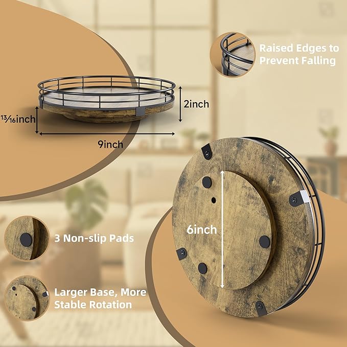 Lazy Susan Turntable Organizer for Table Top, 9’’ Round Wooden Lazy Susan for Cabinet Kitchen Countertop Pantry Dining Coffee Table for Condiments Spices, Rustic Bathroom Vanity Tray for Soap Candle