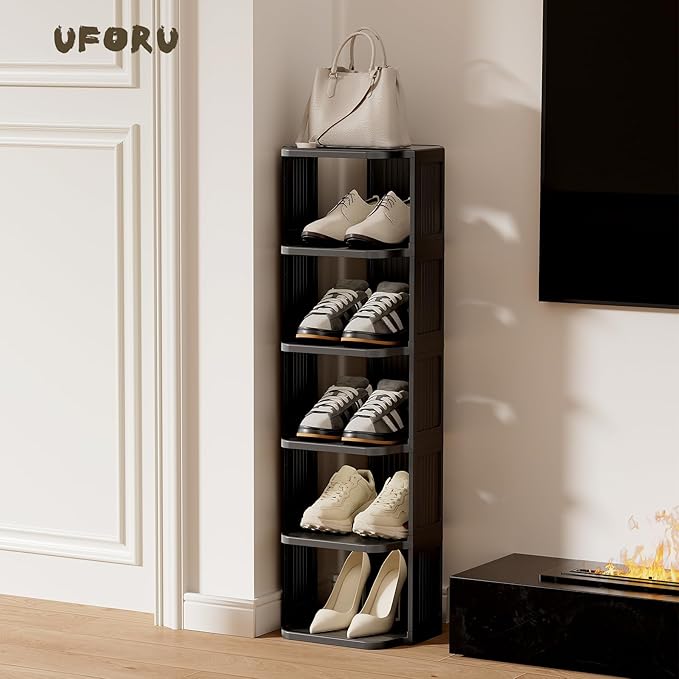 UFORU Vertical Shoe Rack, 6-Tier Plastic Stackable Storage Shelf for Small Closets and Narrow Spaces, Compact Free Standing Shoe Racks for Entryway Bedroom Dormitory