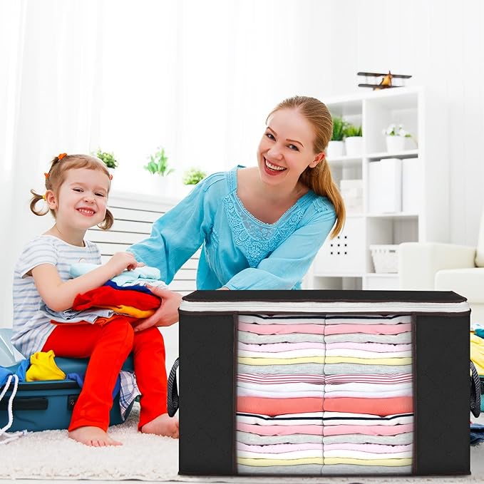 Large Storage Bags, 6 Pack Clothes Storage Bins Foldable Closet Organizers Storage Containers with Durable Handles Thick Fabric for Blanket Comforter Clothing Bedding 90 L (Black)