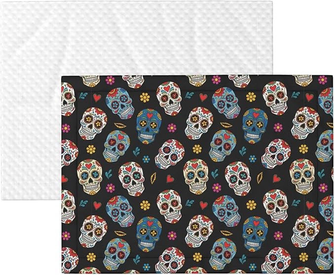 Double Sided Pet Mat for Dog Bed Topper Cat Blanket Furniture Protector, Day of The Dead Sugar Skull, Reversible Plush with Tactile Dot Pattern for Style Change