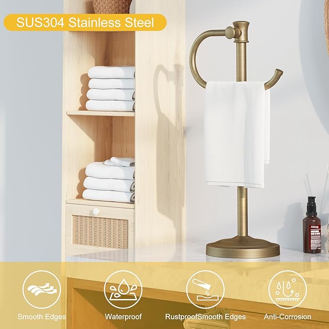 BESy 17 Inch Antique Brass Stand Towel Bar Hanger Hand Towel Bar Bathroom Vanity Countertop Towel Holder Free Standing Stainless Steel Towel Ring Hardware Accessories Towel Rack