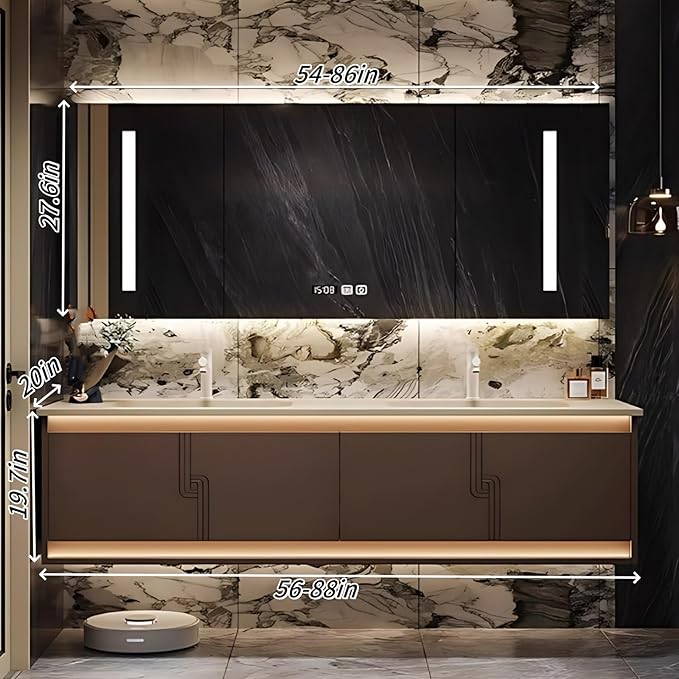 86IN Bathroom Vanity Set with Sink, Smart Defogging Vanity Mirror with 2 Light Strips | with Motion Sensing Light Strips, Bathroom Double Vanities with Sink Includes 2 Drawers (Mirror Cabinet)