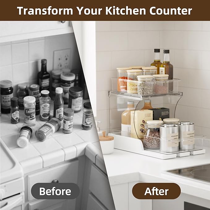 Spice Rack Organizer for Cabinet, 2 Tier Countertop Shelf Organizer with Pull Out Rotating Bottom Shelf, Acrylic Kitchen Spice Organizer for Pantry, Counter and Cabinet Storage