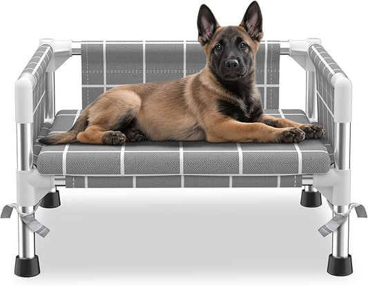 Elevated Dog Bed with Three-Sided Fence and Removable Cushion - Anti-Slip Feet, Stable Design, Easy Assembly, Indoor Relaxation & Outdoor Activities for Small Dogs, All-Season Comfort