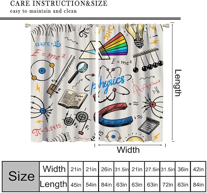 Science Physics Window Curtains, Abstract Math Chemistry Curtain Scientist Graffiti Print Window Treatments for Kids Teens Bedroom Living Room Set 2 Panels,63x72 Inches
