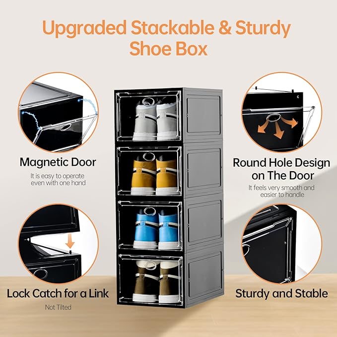 12 Pack Shoe Boxes Stackable,Upgraded Sturdy Shoe Storage Boxes with Clear Magnetic Door,Multifunctional Sneaker Storage, Shoe Box Organizer Fit up to US Size 12 Gray(13.8”x 9.84”x 7.1”)