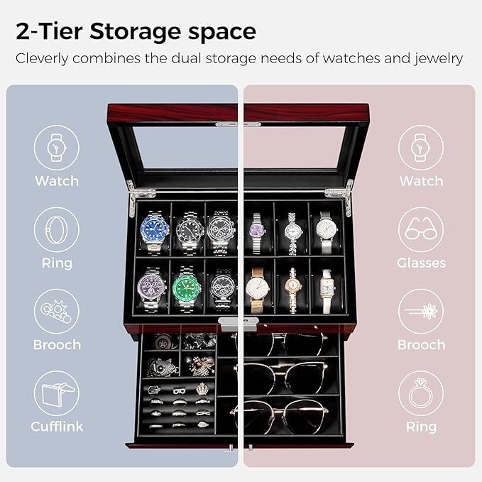 ANWBROAD Watch Box for Men, 12 slot Watch Cases with Glass Lid, 2-Layer Wooden Watch Display Case for Jewelry and Watch Organizer for Men Women, Ideal for Gifting with a Present Box, Lockable UJWB003Y
