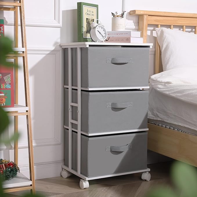 MAX Houser Dresser Tower with 3 Drawers,Fabric Dresser Drawer Organizer Unit,Dresser Chest with Wood Top,Vertical Storage Dresser,Small Dresser for Bedroom,Office-Dark Grey