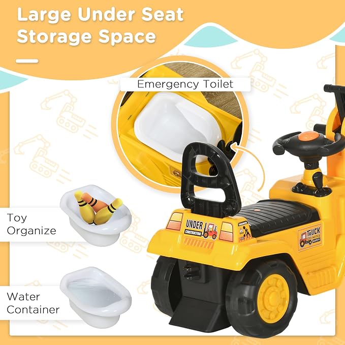 HOMCOM Ride On Excavator Pull Cart, Kids Digger Ride on Truck with Horn, Under Seat Storage, Sit and Scoot Pretend Play Toy Construction Car for Ages 18-48 Months