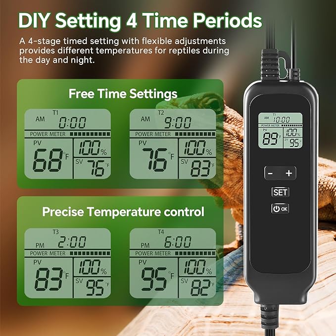 5.5 inch Reptile Heat Lamp Fixture with Thermostat and Timer,Reptile Light Fixture with Dimming Thermostat Max 100W,PID Temperature Controller for UVB Lights,Basking Heat bulbs and Terrariums