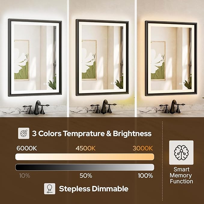 40 x 30 Black LED Bathroom Mirror – Frontlit & Backlit Vanity Mirror with Anti-Fog & Shatter Proof Features, Aluminium Frame, Tempered Glass Mirror with 3 Colour Lights - Perfect for Bathrooms
