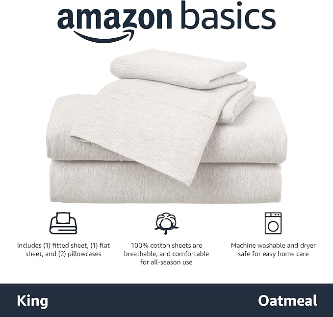 Amazon Basics 4 Piece Bed Sheets Set, 100% Cotton Jersey, Includes Super Soft, Flat and Fitted Sheets, Pillowcase, King, Oatmeal, Solid