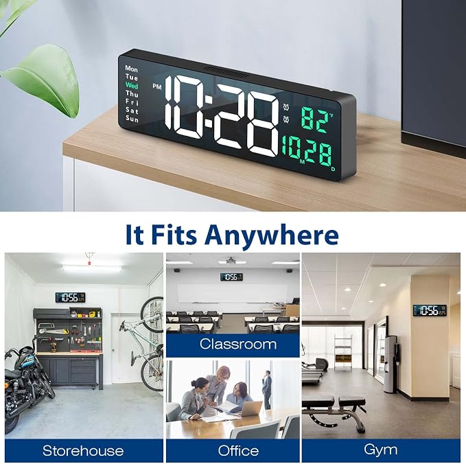 Digital Wall Clock Large Display, Auto Brightness Dimmer Reloj De Pared