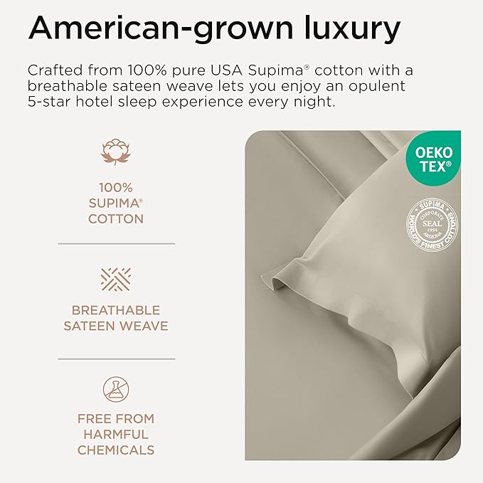 Threadmill California King Sheet Sets | 600 Thread Count Cal King Bed Sheets Set with 16” Deep Pocket | Sateen Weave 4-Piece Bedding Set with Cooling Effect | Taupe