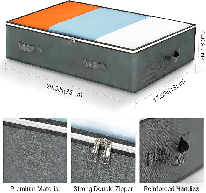 Under Bed Storage Bags with Clear Window, 90L, 4 Pack – Grey