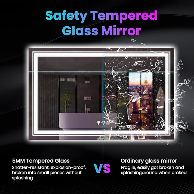 LED Mirror for Bathroom, 60"X30" with 8 RGB Backlit +3 Front Lit (Adjustable Individually), Anti-Fog, Large Lighted Bathroom Vanity Mirror for Wall,Shatterproof,Memory Function,Tempered Glass