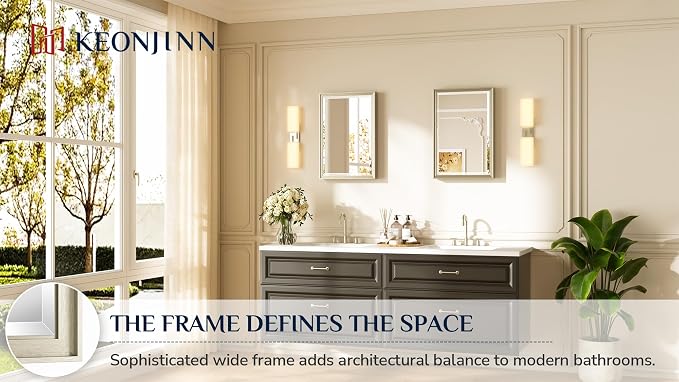 Keonjinn 16" x 24" Brushed Nickel Framed Mirror, Decorative Aluminum Alloy Frame