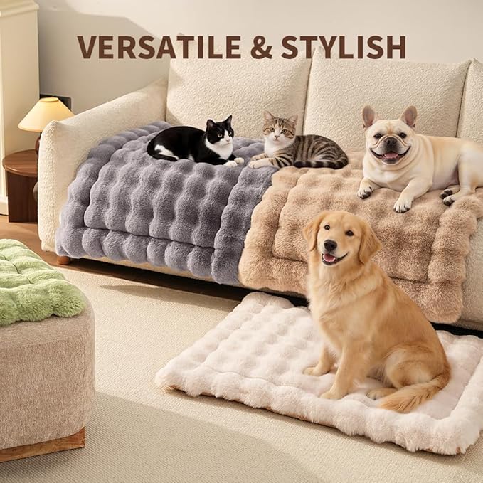 Self-Warming Cat Bed, Plush Faux Fur Pet Bed Mat with Anti-Slip Bottom, Ultra Soft Heated Bed for Cats & Medium Dogs, Cozy Fluffy Pad for Couch & Crate, Machine Washable, 27x20 Inch White
