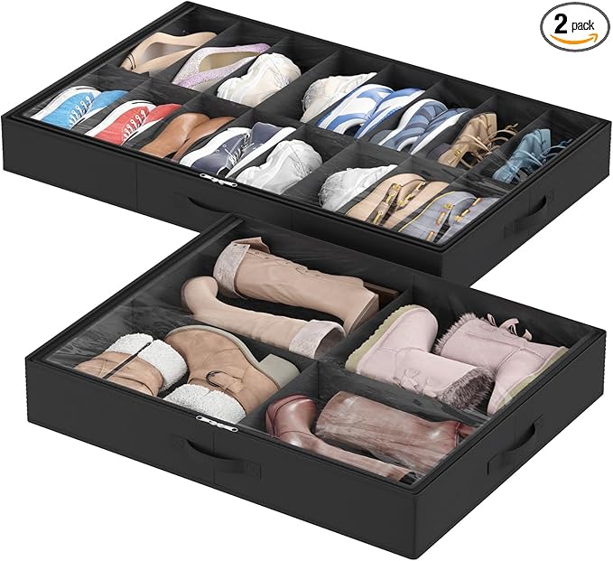 Lifewit Under Bed Shoe Storage Organizer 1 Pack(16 Shoes Cells+4 Boots Cells), 4.3 Inches Profile Fabric Shoes Container Box with Clear Cover, Foldable Storage Bag with 2 Handles, Fits 12 to 20 Pairs