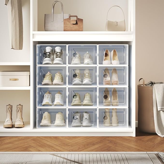 OLIXIS Shoe Storage Boxes, 15-Pack Stackable Clear Shoe Organizers with Lids, Sneaker Display and Storage Containers for Closet, Under Bed, Entryway, White
