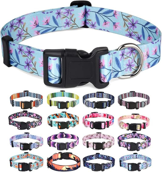 Dog Collar with Bohemia Floral Tribal Geometric Patterns - Soft Ethnic Style Collar Adjustable for Small Medium Large Dogs(Floral Purple,M)