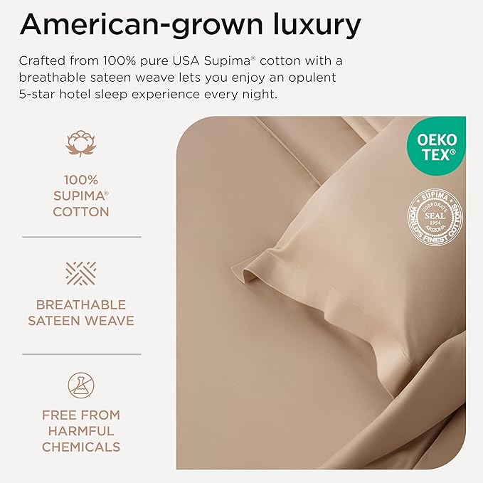 Threadmill Twin XL Sheet Sets | 656 Thread Count 100% Supima Cotton Sheets for Twin XL Mattress |Solid Sateen Twin XL Bed Sheets Set| 16” Deep Pocket | Soft Breathable 3-Piece Cooling Sheet Set |Beige