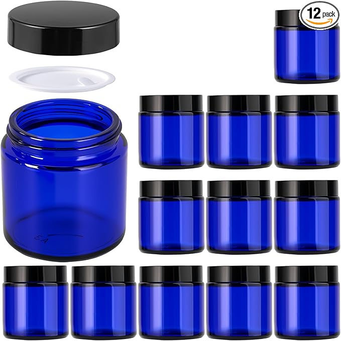 4oz Jars with Lids, Hoa Kinh 12 Pack Blue Glass Jars with Lids Empty Cosmetic Containers Round Airtight Glass Jar with Inner Liners and black Lid for Storing Lotions, Powders, and Ointments