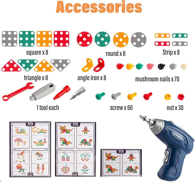 Magic Montessori Play Toolbox with Drill, 203Pcs Magic Montessori Play Toolbox Dog-Themed, 2D/3D Creativity Tool Box Montessori Toys Gift for Age 3-12 Years Old Boys Kids, Girls