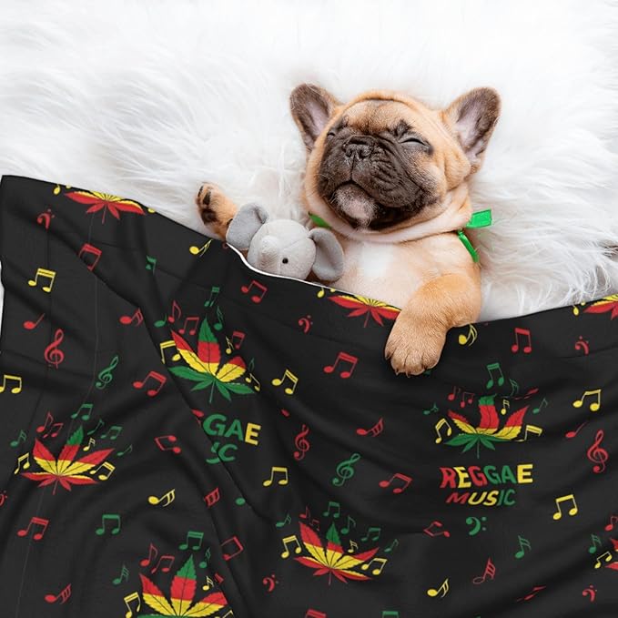 Reversible Pet Blanket for Sofa Protection Pet Comfort, Rasta Reggae Music Note Weedleaf Leaf, Double Sided Design with Cozy Nubby Nap Side and Durable Smooth Play Side